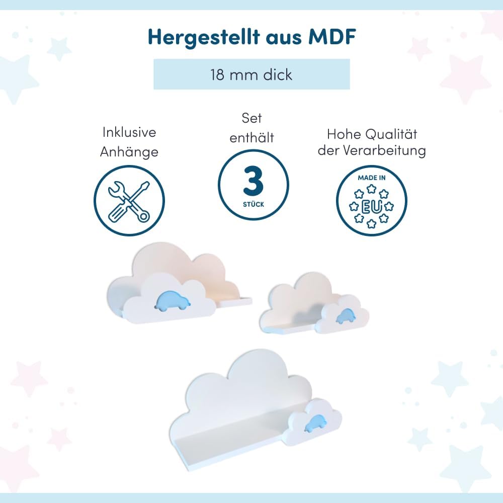 3er Set Wandregal Kinderzimmer Weiss | Babyzimmer Wolkenregal für Bücher, Spielzeug und Dekoration |