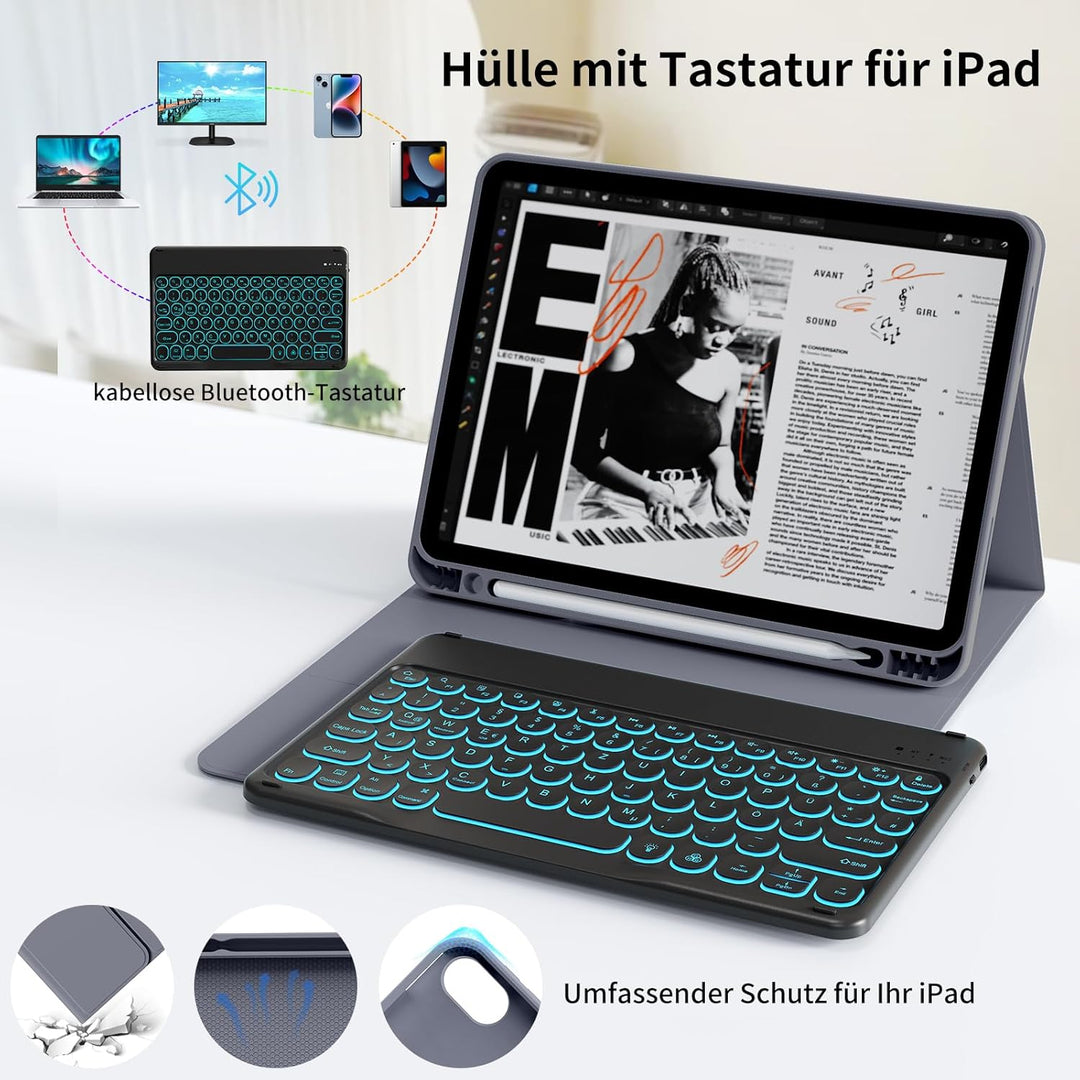 Hülle mit Tastatur Kompatibel mit iPad Air 6./ 5./ 4. Generation 11 Zoll M2/10,9 Zoll, 7 Farbige Bel