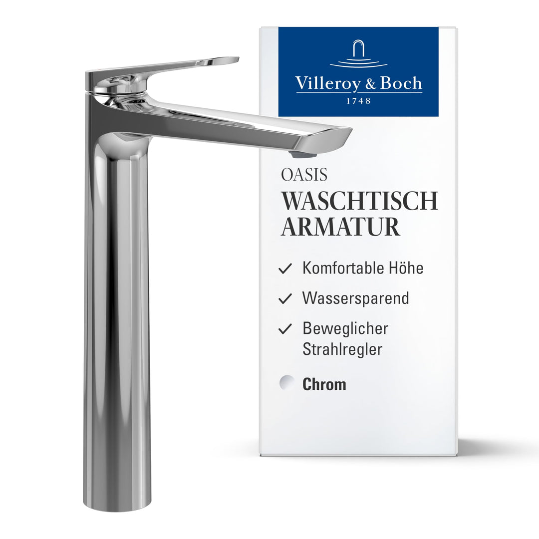 Villeroy & Boch Oasis Waschtischarmatur erhöht - Wasserhahn Bad ohne Ablaufgarnitur - Waschbeckenarm