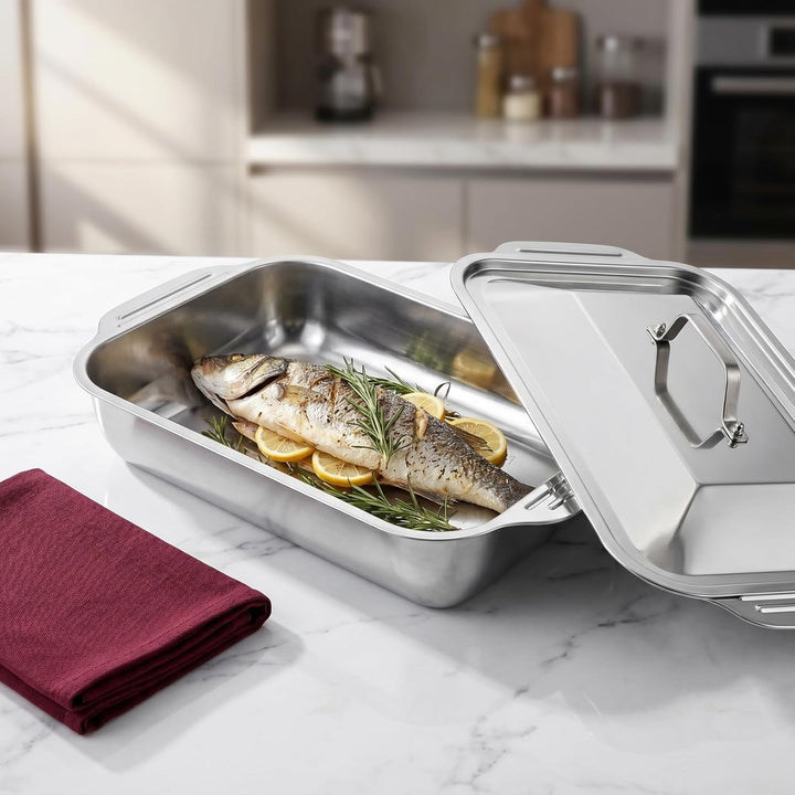 BESTYASH Edelstahl Backblech Mit Deckel Rechteckiger Bräter 15.7 Zoll Tiefes Grill- Und Serviergesch
