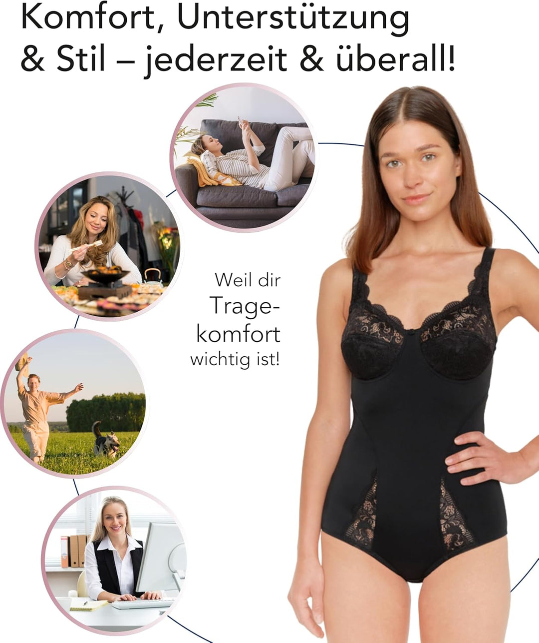 SUSA Body Damen ohne Bügel I Serie Latina I Modischer Body mit hübscher Spitze im Cup & am Beinaussc