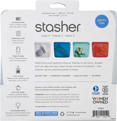 Stasher Bag Premium Silikonbeutel wiederverwendbar für Lebensmittel, Sandwich Bag, Klar, Dauerhaft,