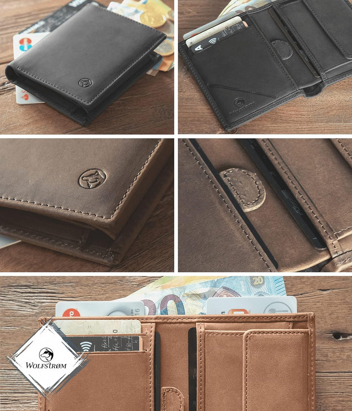 Wolfstrøm Geldbörse Herren Damen Leder Klein Münzfach RFID Hochformat 'Svåla' – Mini Portemonnaie, S