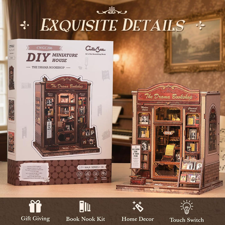 CUTEBEE Book Nook Kit – DIY Puppenhaus, Miniatur Haus Selber Bauen für Erwachsene mit LED Beleuchtun