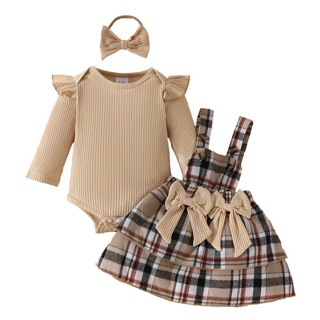 Neugeborenes Baby Mädchen Röcke Sets Rüschen Top + Plaid/Dots/Bowknot Overalls Hosenträger Kleid + S
