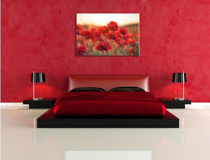 Pixxprint Feuriger Mohn Kunst Buntstift Effekt, Format: 100x70 auf Leinwand, 100x70