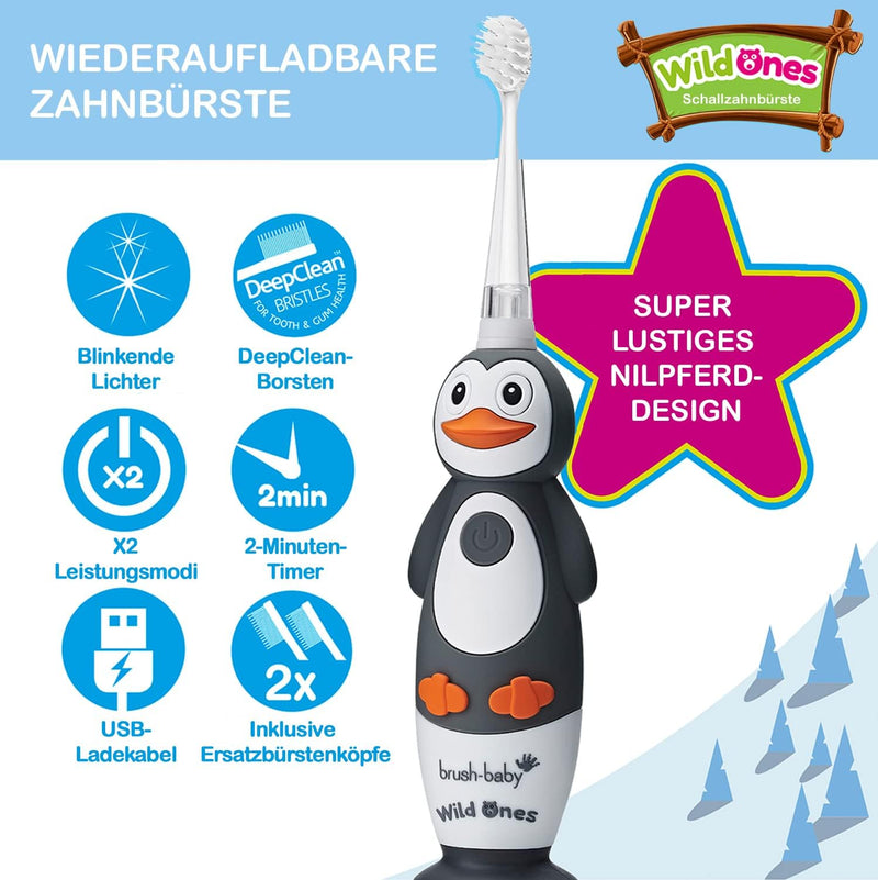 Brush-Baby WildOnes Kinder Elektrische Wiederaufladbare Zahnbürste,1 Griff, 3 Bürstenköpfe, USB-Lade