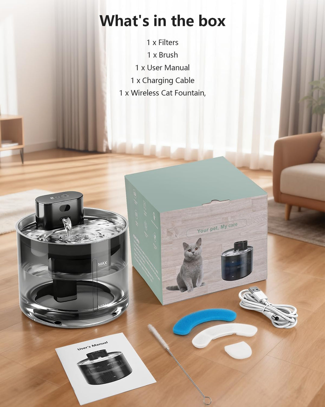 Upgrade 3.5L Katzenbrunnen Kabellos mit Bewegungsmelder, Trinkbrunnen für Katze, 5000mAh Batteriebet