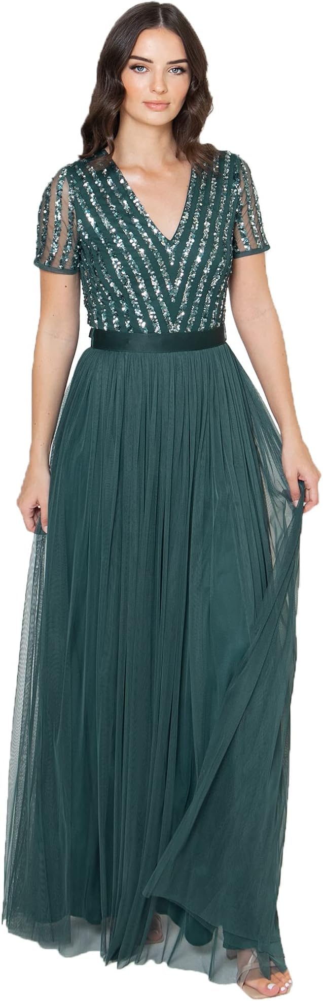 Maya Deluxe Damen Maxi Dress for Women Ladies Braidesmaid V-Neck Plus Size Ball Gown Short Sleeves L