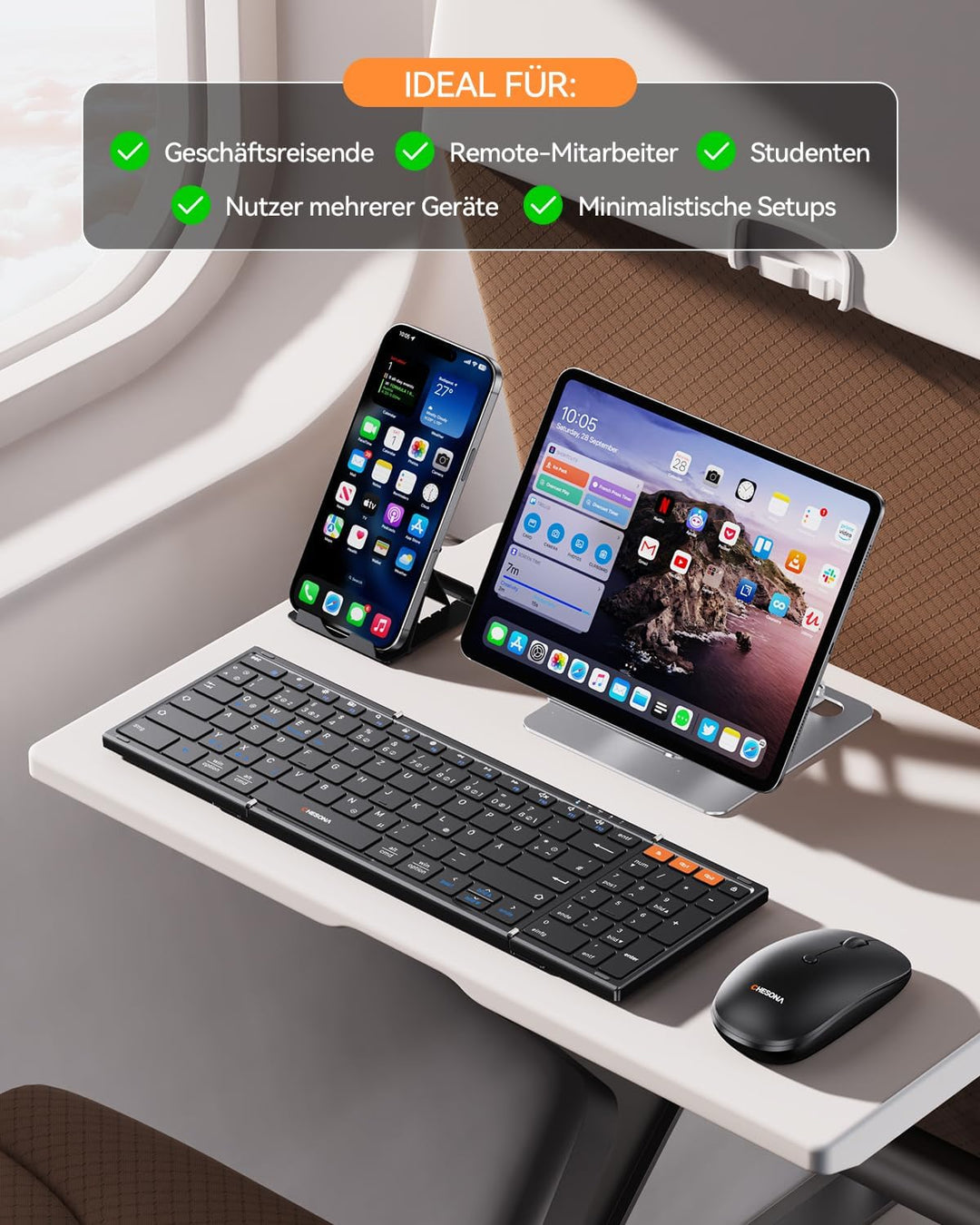 Chesona Faltbare Tastatur und Maus Sets – Ultra Slim 600g mit 2,4 G + Dual-Bluetooth, kompakte kabel