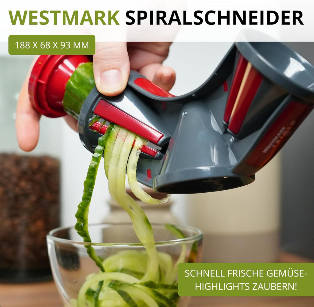 Westmark Gemüse-Spiralschneider Hand, mit 3 Schneidkegeln und Restehalter, Rostfreier Edelstahl/Kuns