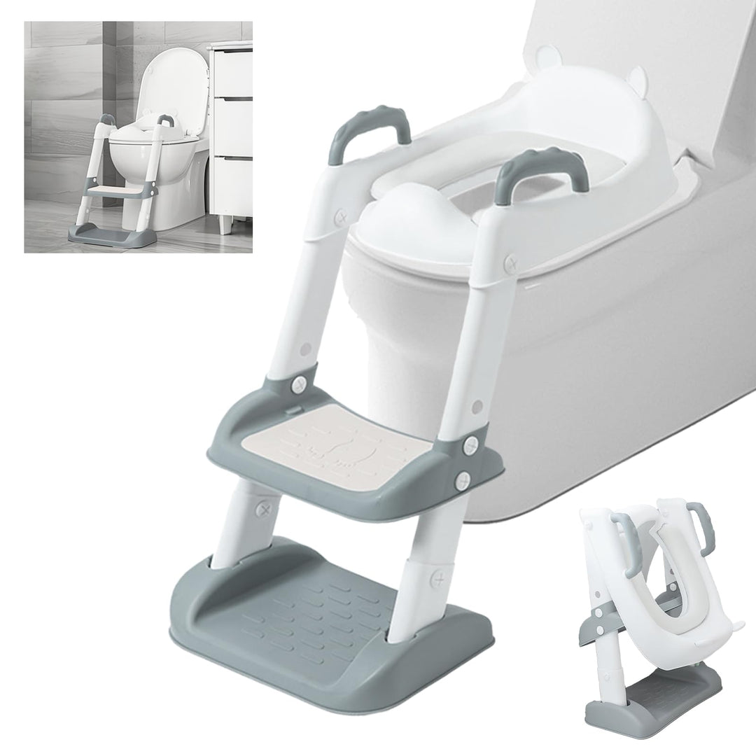 2 in 1 Kinder Toilettensitz mit Treppe & Sicherheitsgriff, Faltbarer Kleinkinder Toilettentrainer, H