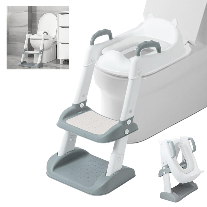2 in 1 Kinder Toilettensitz mit Treppe & Sicherheitsgriff, Faltbarer Kleinkinder Toilettentrainer, H