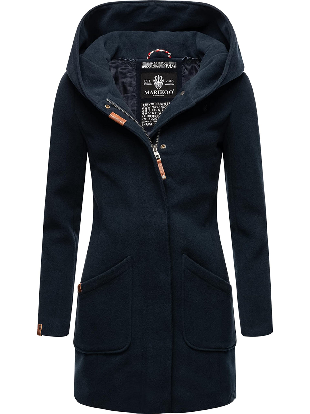 MARIKOO Damen Mantel in Wollmantel-Optik warmer Trenchcoat mit Kapuze Maikoo XS-5XL XL Dark Navy, XL