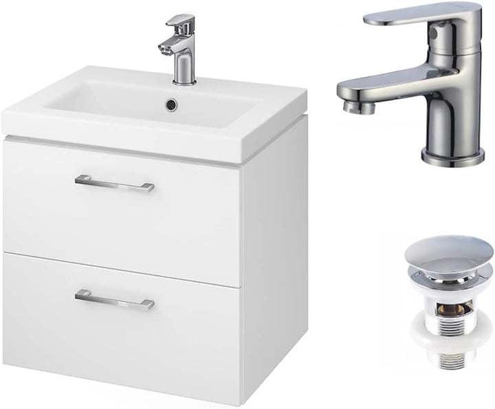 VBChome Waschbecken mit Unterschrank 60 cm mit Armatur und Pop Up ventil 2 Schubladen Weiss Badmöbel