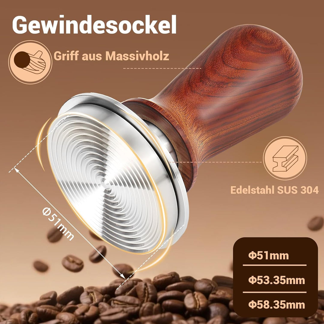 DIBTSA Espresso Tamper 51mm,Federbelasteter Kaffeestampfer mit 51 mm 304-Edelstahl-Riffelbasis und e