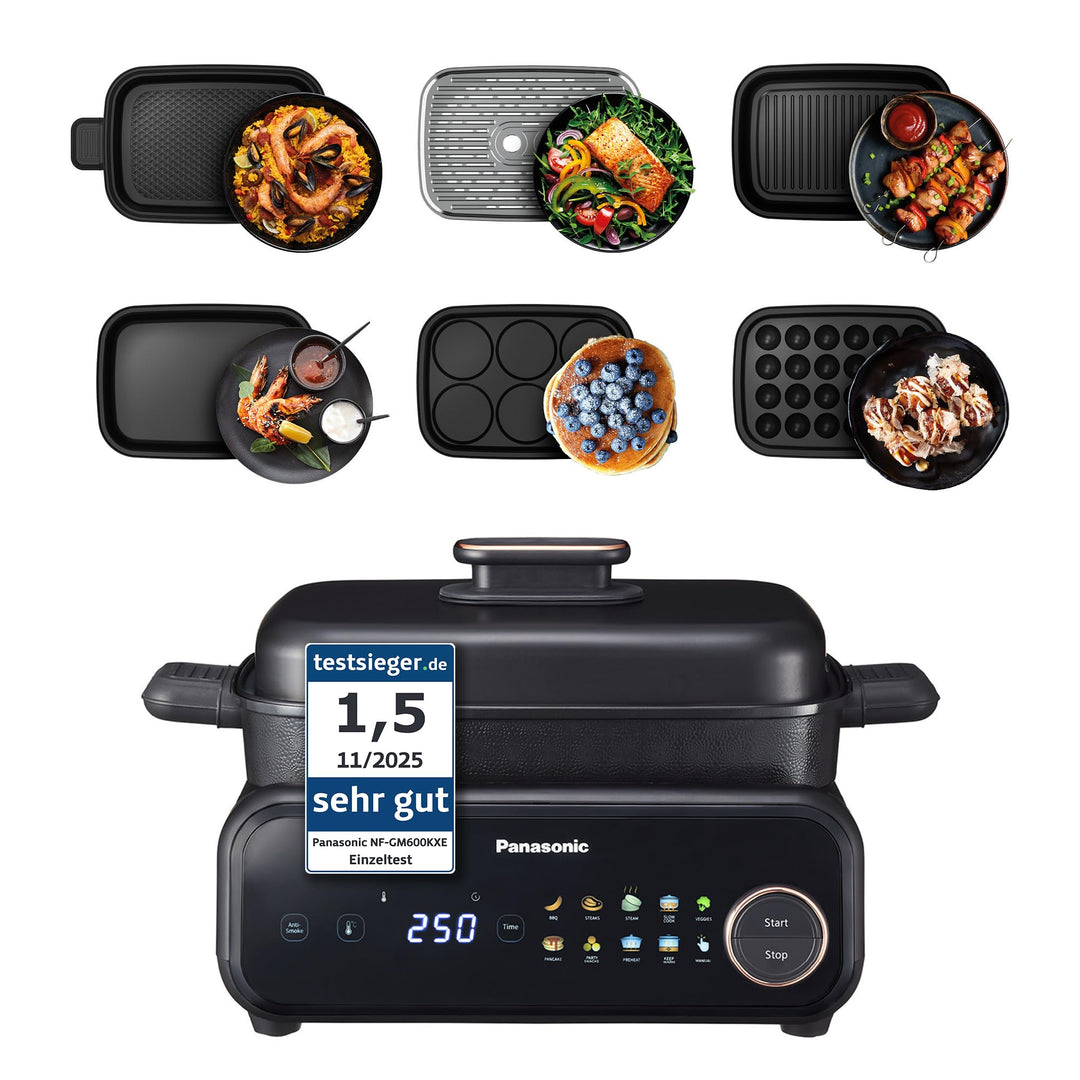 Panasonic NF-GM600 6-in-1 Elektro-Multikocher, Elektro Tischgrill, Plancha, Braten, Slow Cook, BBQ,