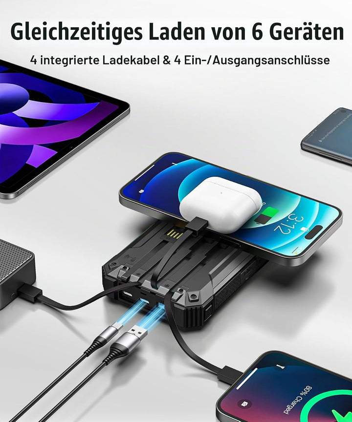 Solar Powerbank 26800mAh mit integrierten 4 Kabeln, Wireless Power Bank USB-C Ausgang/Eingang 15W Sc
