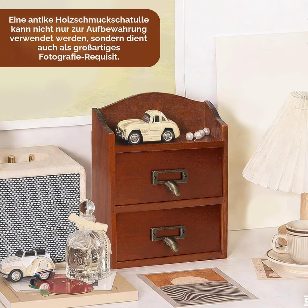 Klein Holz Schubladenschrank, 24.5 x 13 x 18.8cm Massivholz Schmuckschatulle mit 2 Lagiger Schublade