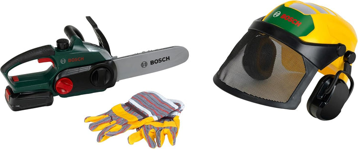 Theo Klein 8197 Bosch Waldarbeiter-Set Mit Kettensäge, Forsthelm & Handschuhen Realistisches Sägeger