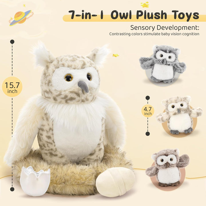MorisMos gross Eule Kuscheltier XXL Set, 40cm hoch riesen Eule Kuscheltier mit 3 Babys im Bauch, owl
