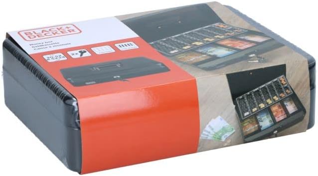 BLACK+DECKER 4-Fach-Geldkassette mit Münzsortierer - 30,5 x 8,5 x 24 CM - inkl. 2 Schlüssel – Metall