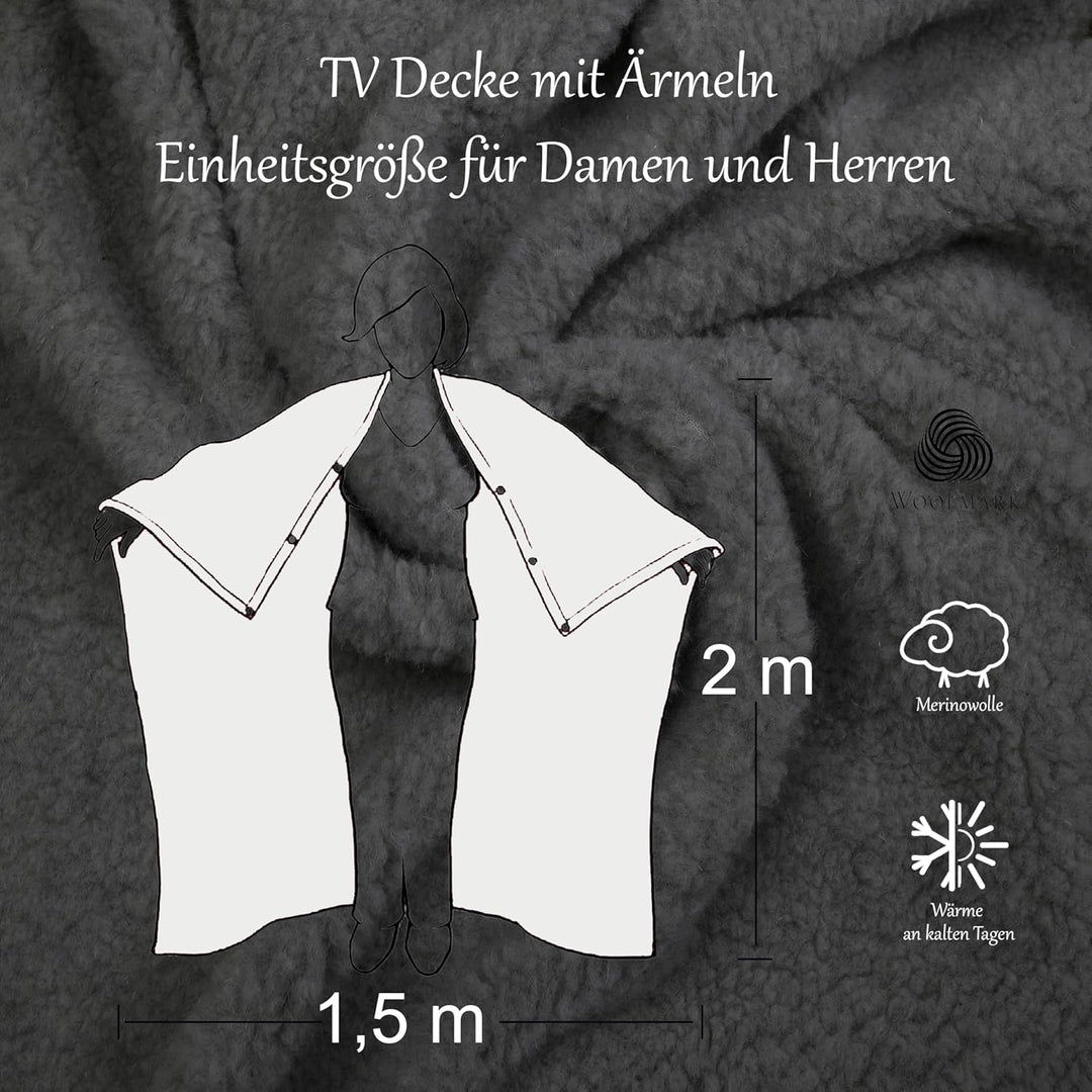 Warme & Dicke Tragbare Decke mit Ärmel aus Schurwolle, Wolldecke Merinowolle, Woolmark-Zertifiziert,