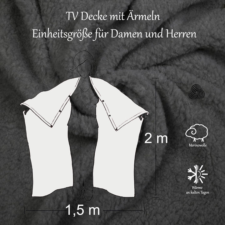 Warme & Dicke Tragbare Decke mit Ärmel aus Schurwolle, Wolldecke Merinowolle, Woolmark-Zertifiziert,