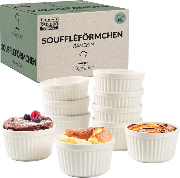Chefarone® Soufflé Förmchen Backofenfest 10er Set - Creme Brulee Schälchen Keramik zum Backen und An