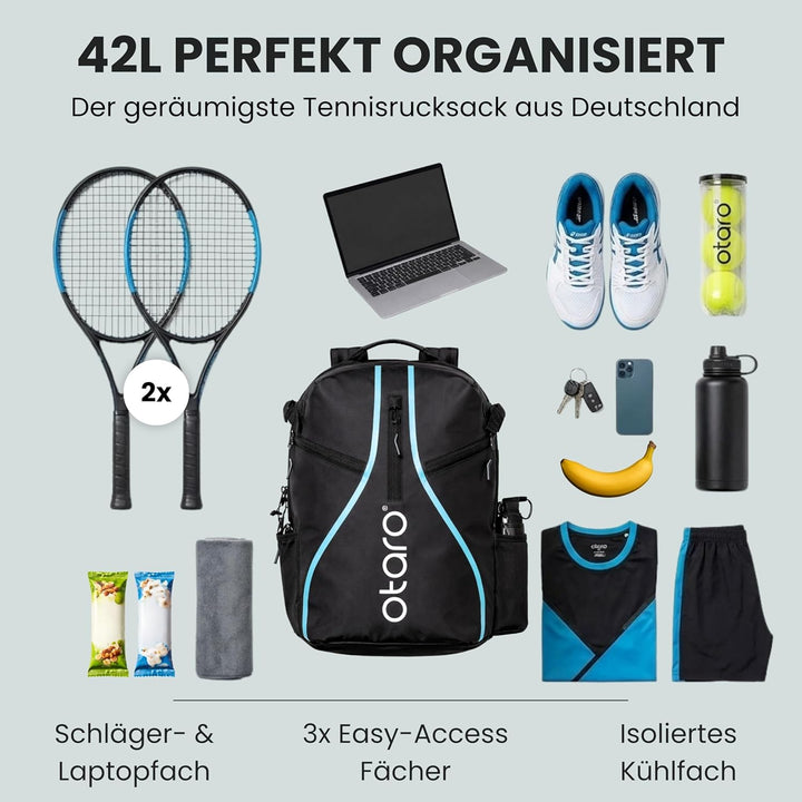 Otaro Tennisrucksack mit Schuhfach (Für 2 Tennisschläger) Inkl. Separierten Schuhfach & Schlägerschu