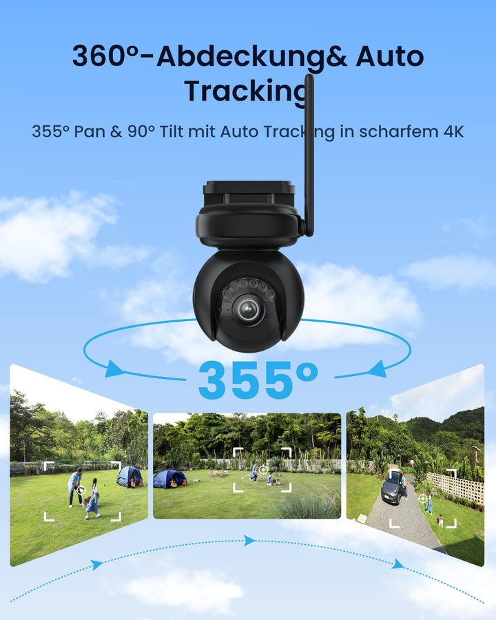 Reolink 4K Solar Überwachungskamera Aussen Akku, 500 Tage Akkulaufzeit, Auto-Tracking, 360° Schwenke