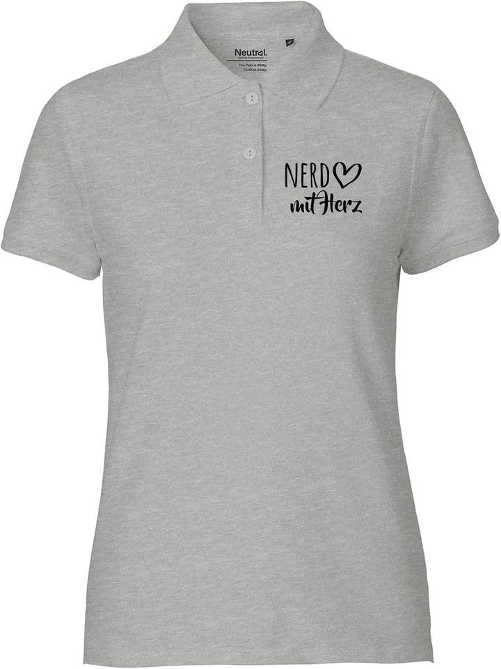 Huuraa Damen Polo Shirt Nerd mit Herz Geschenk Grösse XS-XXL Bio Baumwolle Fairtrade Nerd Geschenkid