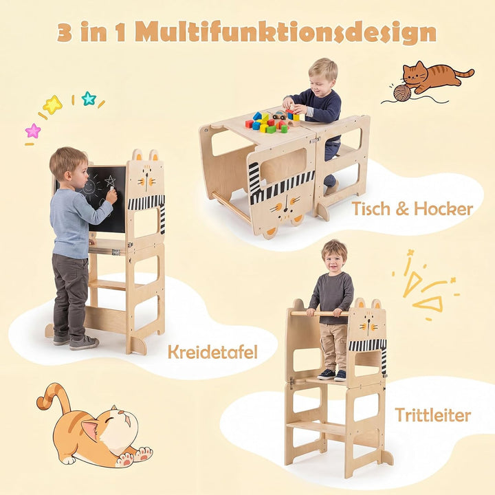 COSTWAY 3 in 1 Lernturm klappbar aus Holz, 50 kg belastbar, Natur | Tritthocker mit Tafel in Katzenf