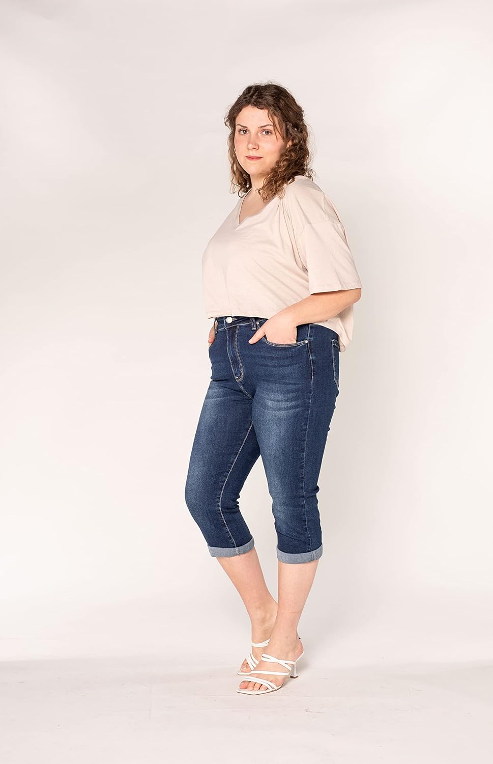 Nina Carter P200 Damen Capri Jeanshosen Grosse Grössen HIGH Waist Jeans Sommer Hose Used-Look 44 Gro