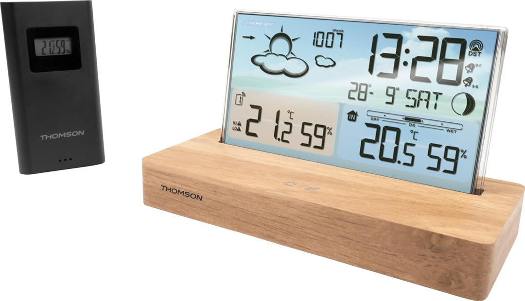 Thomson Wecker Wetterstation mit Holzsockel