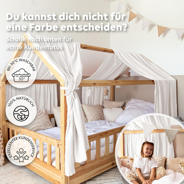Hausbett Himmel mit Gold Applikation [in 12 Farben] Betthimmel Hausbett aus 100% Baumwolle Musselin