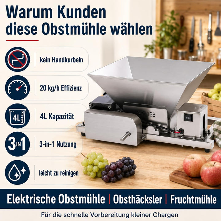 Elektrische Obstmühle Edelstahl 60W, Obstzerkleinerer mit 20kg/h &amp; Vor-/Rücklauf, Fruchtmühle Mostmü