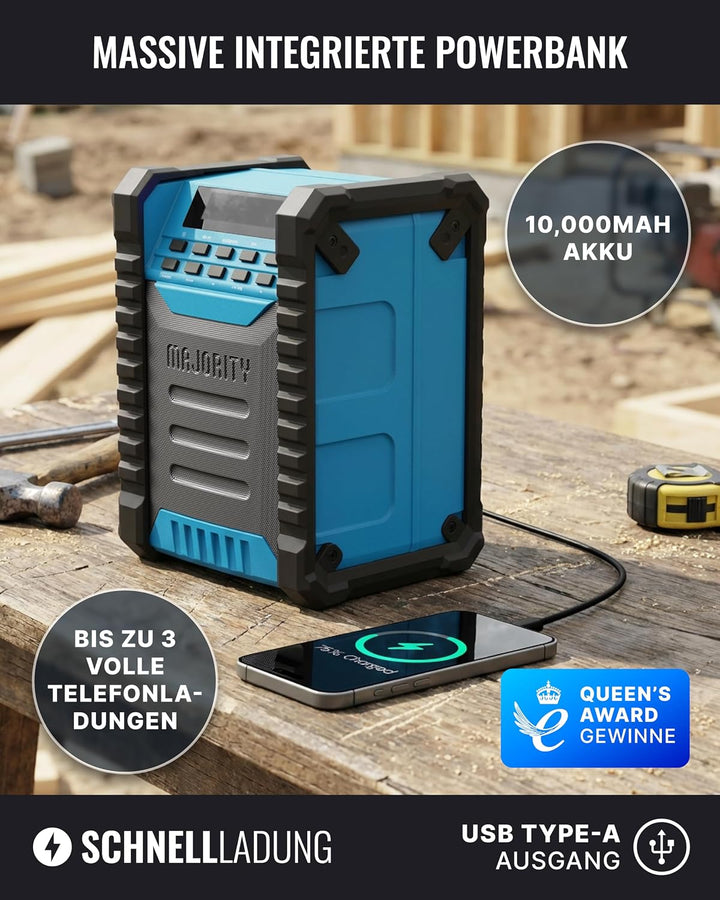 MAJORITY Landbeach Baustellenradio | DAB Radio mit Bluetooth für Baustelle | 10.000mAh Akku & USB-Po