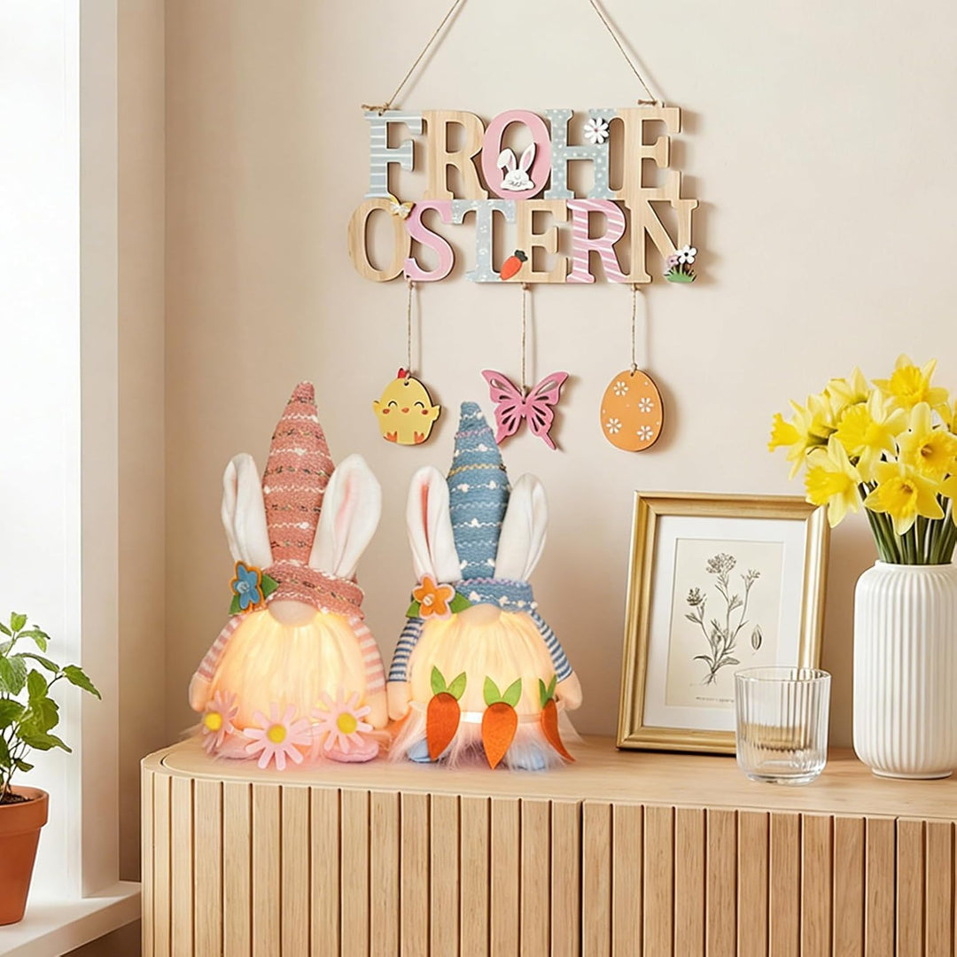 Osterdeko Wichtel, 2 Stück Ostern Deko Wichtel Figuren mit LED Licht, 26 cm Gross Osterwichtel Puppe