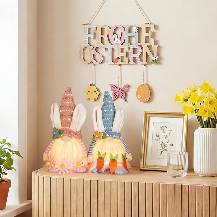 Osterdeko Wichtel, 2 Stück Ostern Deko Wichtel Figuren mit LED Licht, 26 cm Gross Osterwichtel Puppe