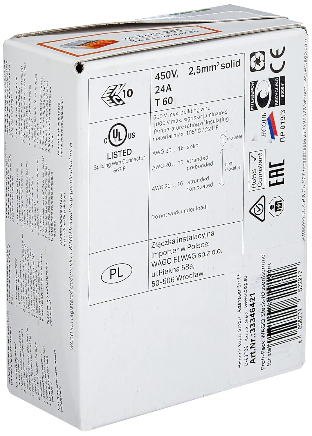 Kopp Wago COMPACT-Verbindungsdosenklemme 3-Leiter-Klemme 0,5-2,5 mm² Inhalt 100 Stück, Transparent/o