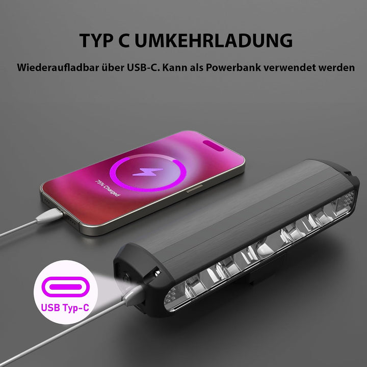 Fahrradlicht Vorne + Handyhalterung Fahrrad 2 in 1 5 LEDs 4-Lichtmodi 8000mah 2600 Lumens USB C Lade