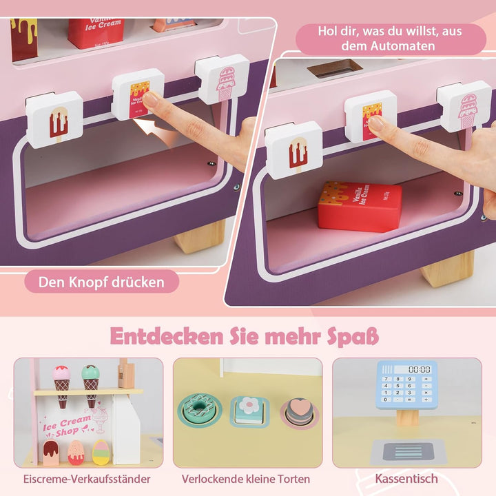 GOPLUS Eiswagen Kinder, Eisstand auf Rädern mit Verkaufsautomat, Eismaschinen-Spielzeug, Präsentatio