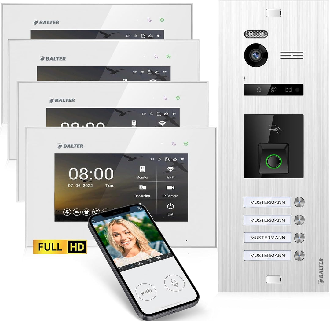 Balter EVO-HD Video Türsprechanlage mit Fingerprint, Video Türklingel, Smartphone App, 4 Familienhau