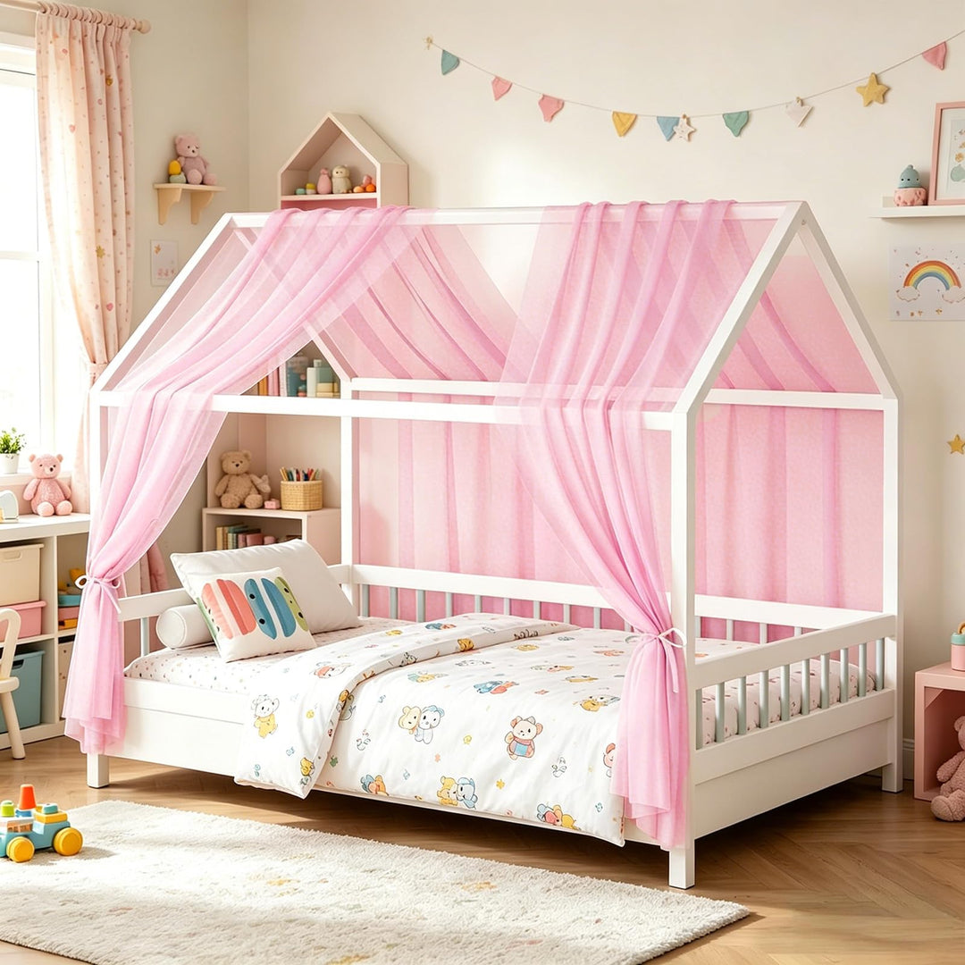 Hausbett Himmel Set 2-TLG - Betthimmel 150x350cm für Kinderbett Deko - Aus Atmungsaktivem Musselin m