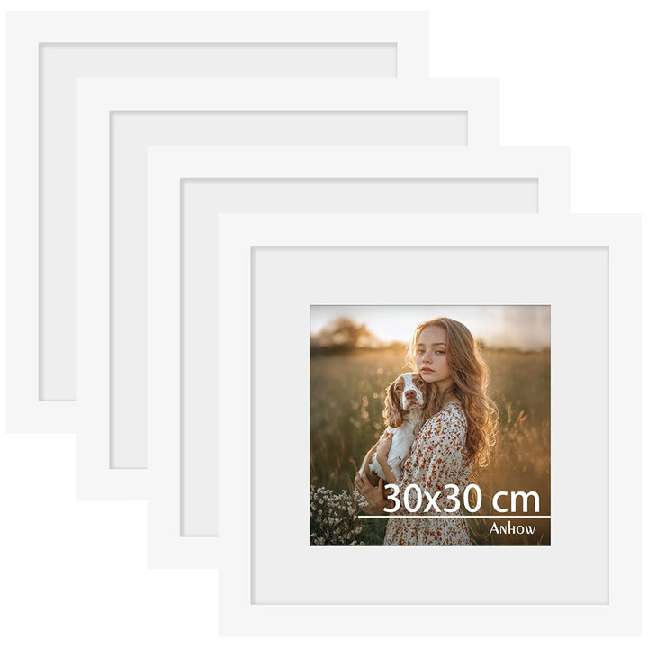 Bilderrahmen 30x30 cm 4er Set, Weiss Freistehende Fotorahmen mit Passepartout für 20x20 cm Fotos, Ho