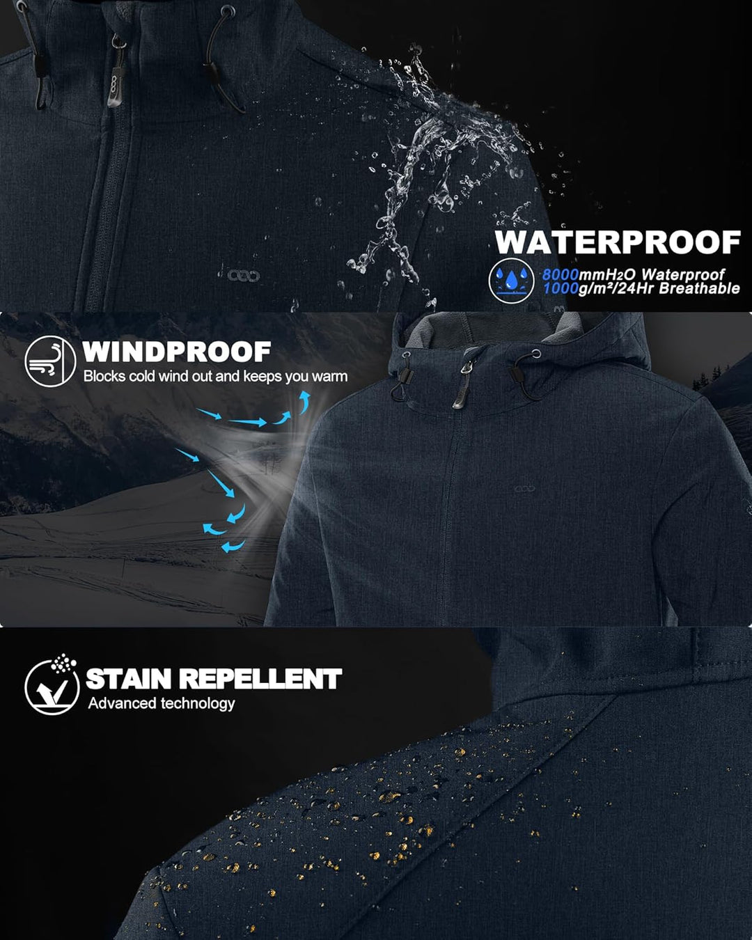 33,000ft Jacke Herren Wasserdichte Atmungsaktiv Softshelljacke - Übergangsjacke Winddichte Regenjack