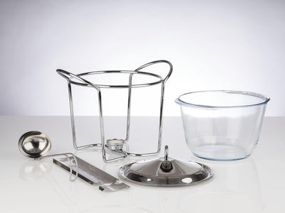 APS Feuerzangenbowle Set, Zuckerzange, Feuerzange, Punschgefäss, Glasschale, Edelstahldeckel, hochgl