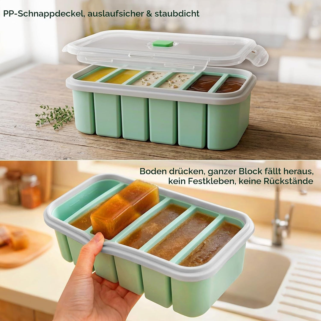 2 Stück Suppen Einfrieren Behälter, 6 Fach Silikon Gefrierform mit Deckel &amp; Clipverschluss, Eiswürfe