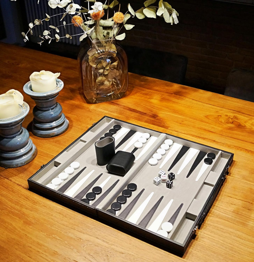 PrimoGames Koffer Backgammon Attaché Kunstleder - Edles Kofferspiel mit Filz Bezug und fein aufgenäh
